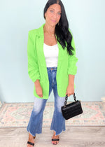 'Girl Code' Electric Lime Green Ruched Sleeve Blazer-Electric Lime Green is a hot color for Summer '23 & this Blazer doesn't disappoint! Make a statement in this perfectly draped silhouette that can be worn to your weekend brunch with jeans & a bodysuit or worn to work with dress pants! -Cali Moon Boutique, Plainville Connecticut