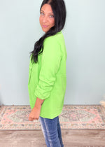 'Girl Code' Electric Lime Green Ruched Sleeve Blazer-Electric Lime Green is a hot color for Summer '23 & this Blazer doesn't disappoint! Make a statement in this perfectly draped silhouette that can be worn to your weekend brunch with jeans & a bodysuit or worn to work with dress pants! -Cali Moon Boutique, Plainville Connecticut