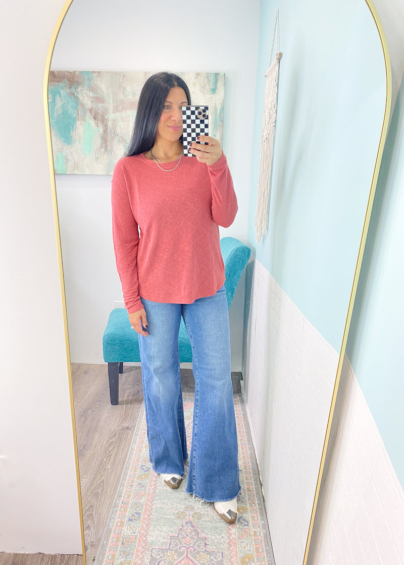 'Trisha' Marsala Round Neck Long Sleeve Slub Tee-Once you feel this fabric, you'll fall in love! A classic basic long sleeve tee to wear alone during Fall transition &amp; layer as the weather really cools.-Cali Moon Boutique, Plainville Connecticut