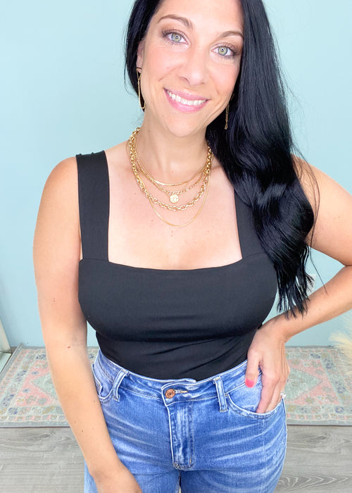 'Damsel' Black Square Neck Built in Bra Bodysuit with Wide Straps-Super flattering square neckline bodysuit with built in bra cups for an all day comfy wear! Wear alone in the Summer or layered in the Fall/Winter!-Cali Moon Boutique, Plainville Connecticut