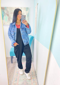 'Johnny' Medium Wash Bomber Style Jean Jacket-Your new favorite&nbsp;everyday sweater&nbsp;has arrived! This adorable&nbsp;melange sweater&nbsp;has a relaxed oversized fit in the softest fabric. Wear over leggings or jeans and wear tucked in or out depending on the look you are going for!-Cali Moon Boutique, Plainville Connecticut