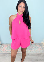 'Girls Trip' Hot Pink Keyhole Halter Top Romper-This Hot Pink Halter Top Romper is ready for all the adventures Summer has waiting! Great for Summer nights out, easy vacation outfit, backyard showers/events.-Cali Moon Boutique, Plainville Connecticut