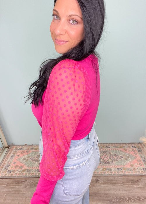 'Chelsea' Hot Pink Sheer Mesh Polka Dot Sleeve Sweater-This Hot Pink Sheer Polka Sleeve sweater is unique and guaranteed to get you all the compliments! Super soft sweater body with ultra cute sheer polka dot sleeves.-Cali Moon Boutique, Plainville Connecticut