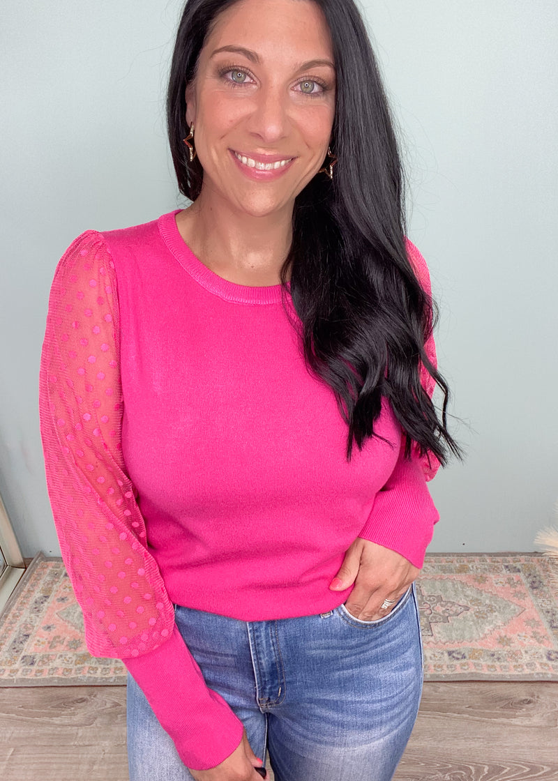'Chelsea' Hot Pink Sheer Mesh Polka Dot Sleeve Sweater-This Hot Pink Sheer Polka Sleeve sweater is unique and guaranteed to get you all the compliments! Super soft sweater body with ultra cute sheer polka dot sleeves.-Cali Moon Boutique, Plainville Connecticut