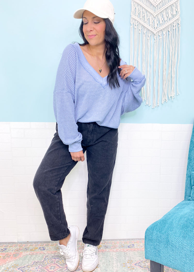 'Devyn' Blue Gray Double V Waffle Knit Slouchy Top-Casual chic! This lightweight waffle knit top can be worn all year! It features a slouchy fit with double v neck and back design. It can be worn on or off the shoulder, tucked in or out and worn super lounge casual or paired with jeans/leggings for a semi casual days/nights out!-Cali Moon Boutique, Plainville Connecticut