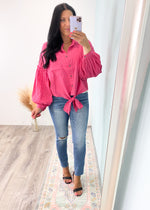 'Free Spirit' Pink Gauze Balloon Sleeve Button Front Top-Lightweight gauze top in a pretty pink that is perfect for Spring & Summer Days! The balloon sleeve looks adorable with shorts. Wear buttoned or unbuttoned as a layering top.-Cali Moon Boutique, Plainville Connecticut