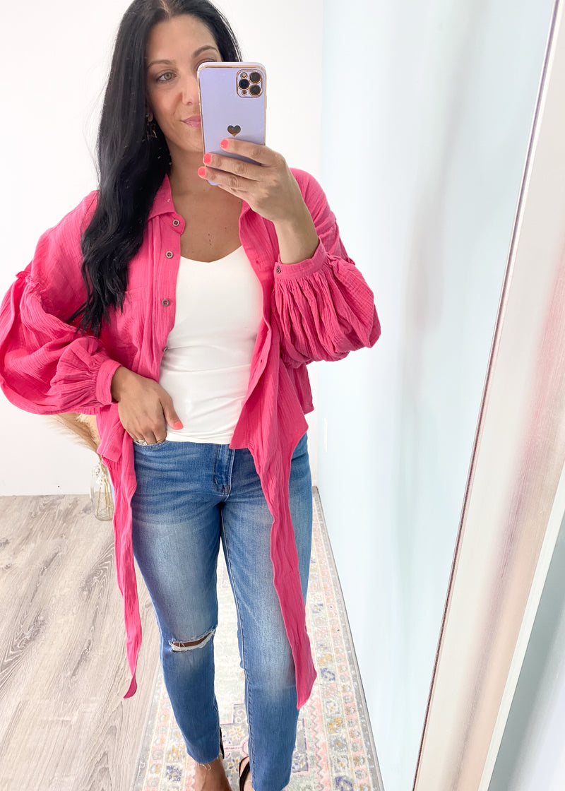 'Free Spirit' Pink Gauze Balloon Sleeve Button Front Top-Lightweight gauze top in a pretty pink that is perfect for Spring & Summer Days! The balloon sleeve looks adorable with shorts. Wear buttoned or unbuttoned as a layering top.-Cali Moon Boutique, Plainville Connecticut