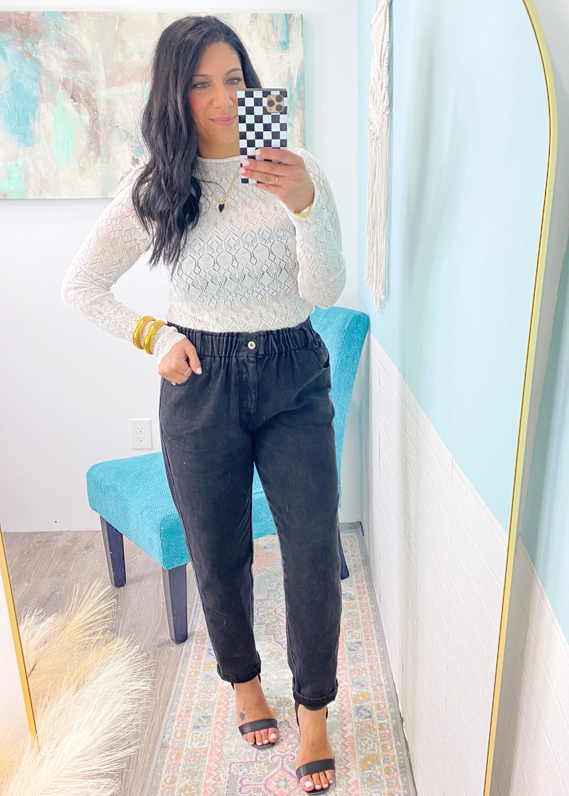 'Stand in Line' Black Stretch Twill Elastic Waist Pants-You can thank us later! These black stretch twill pants have a crazy amount of stretch, they're super soft to the touch and you can wear them dressed up or ultra casual. The elastic waistband is not restrictive and you will never want to take these off!-Cali Moon Boutique, Plainville Connecticut