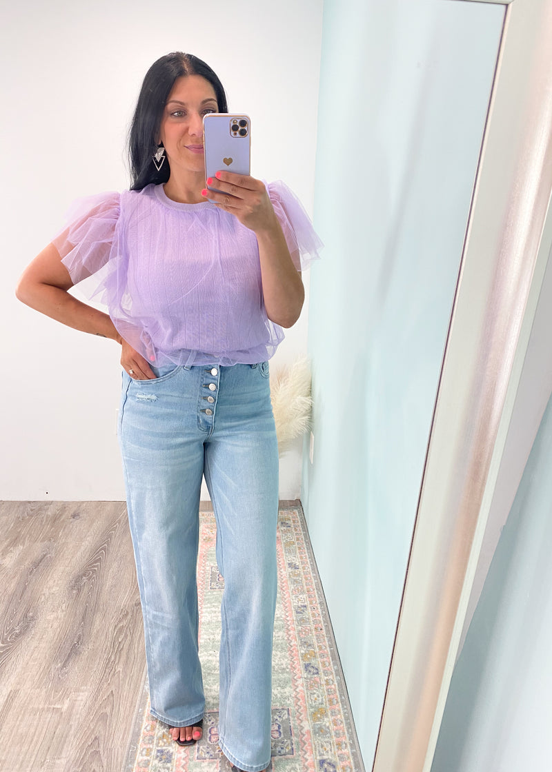 'Pretty in Purple' Lavender Tulle Overlay & Flutter Sleeve Ribbed Top-Cali Moon Boutique, Plainville Connecticut
