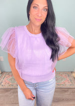'Pretty in Purple' Lavender Tulle Overlay & Flutter Sleeve Ribbed Top-Cali Moon Boutique, Plainville Connecticut