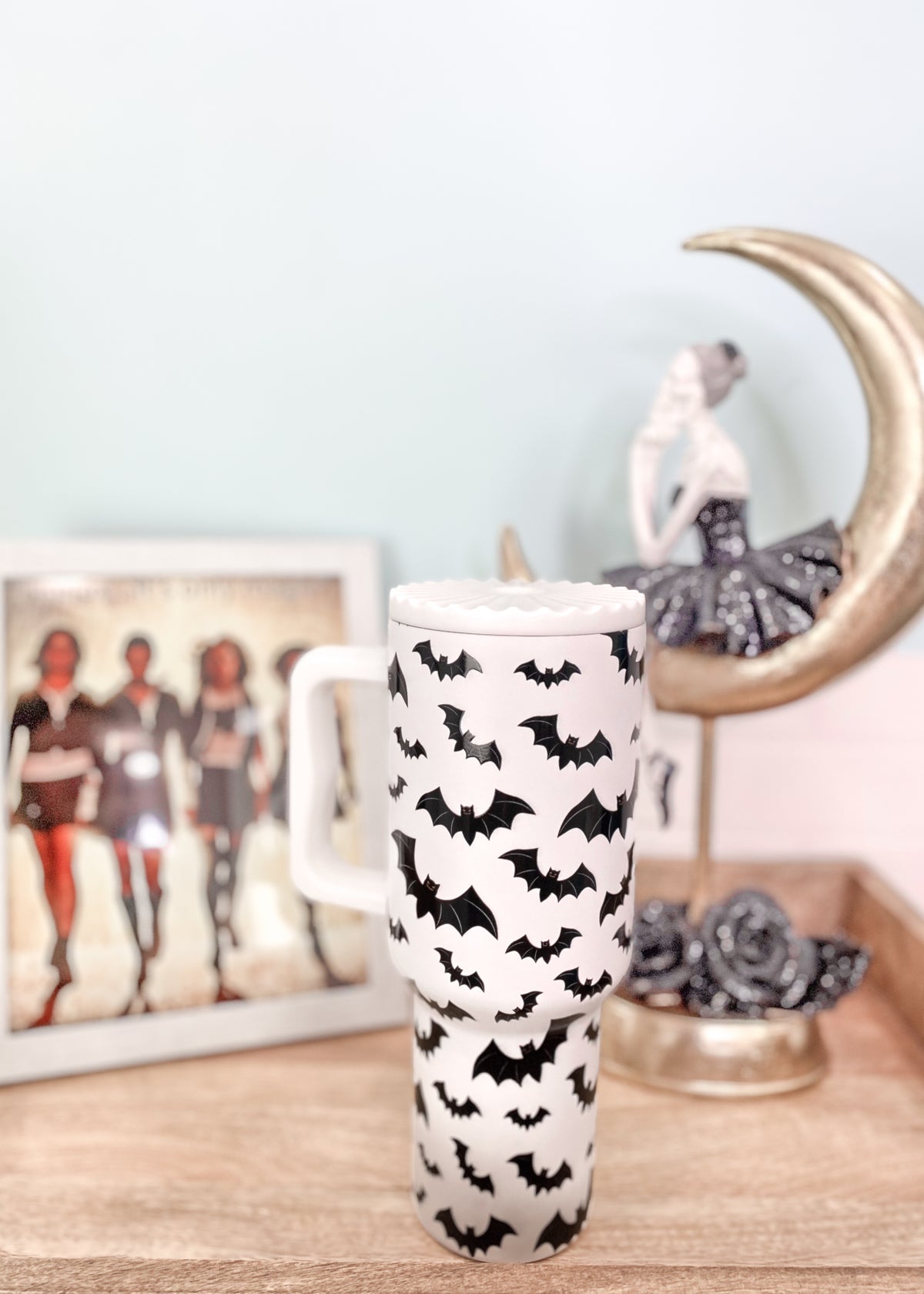 38oz Bats Black & White Tumbler-Spooky season ready tumbler featuring all over bats "in flight" design.-Cali Moon Boutique, Plainville Connecticut