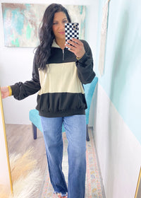 'Stripe a Pose' Black & Tan Colorblock 1/4 Zip Knit-This 1/4 zip black and tan french terry lined sweatshirt is lightweight and will keep you comfy all year! Wear with shorts in the warmer months and with jeans/leggings in the cooler months. The contrast neutral colors will pair with all shades of denim!&nbsp;-Cali Moon Boutique, Plainville Connecticut
