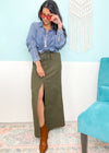 'Just Right' Olive Deep Green Stretch Denim Midi Skirt-This deep olive olive maxi skirt is so stretchy, comfortable and can be worn all year with all your neutral colors! The relaxed fit allows you to wear it super casual or dressier. An add to cart you won't regret!-Cali Moon Boutique, Plainville Connecticut