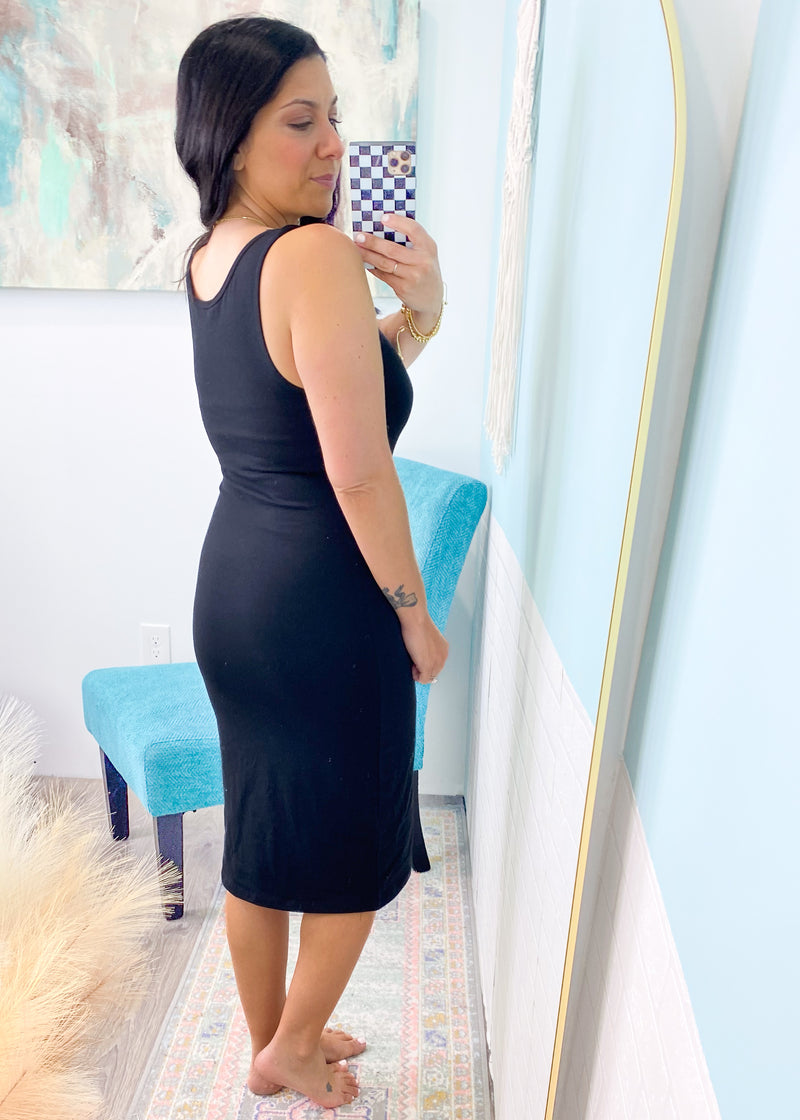 'Tell It Like It Is' Black Cotton Fitted Midi Dress-The little black casual dress! This cotton blend fitted dress is a perfect option to throw on and go with a pair of sneakers or heels depending on your day! Wear under leather/denim jackets or oversized tops for all different looks!-Cali Moon Boutique, Plainville Connecticut