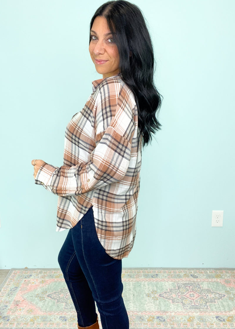 'Harvest' Pumpkin & Gray Plaid V-Neck Top-This notch v-neck top comes in an adorable plaid color combo that is so cute on it's own or under your favorite blazers, sweaters & cardigans. Everyday and work friendly!-Cali Moon Boutique, Plainville Connecticut