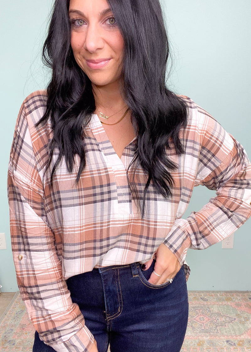 'Harvest' Pumpkin & Gray Plaid V-Neck Top-This notch v-neck top comes in an adorable plaid color combo that is so cute on it's own or under your favorite blazers, sweaters & cardigans. Everyday and work friendly!-Cali Moon Boutique, Plainville Connecticut