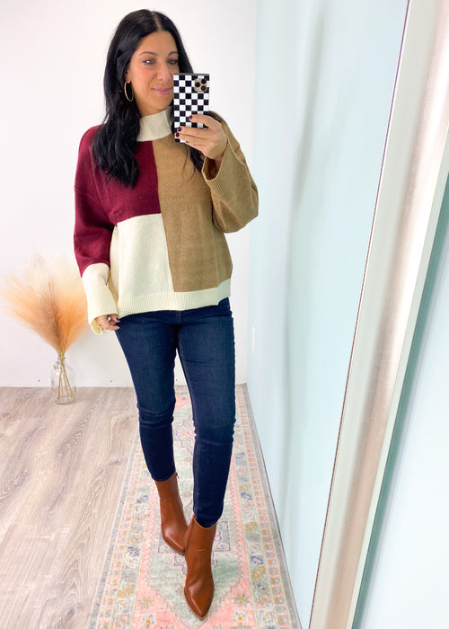 'Puzzles' Taupe, Ivory & Deep Cranberry Colorblock Wide Sleeve Sweater-This notch v-neck top comes in an adorable plaid color combo that is so cute on it's own or under your favorite blazers, sweaters & cardigans. Everyday and work friendly!-Cali Moon Boutique, Plainville Connecticut