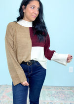 'Puzzles' Taupe, Ivory & Deep Cranberry Colorblock Wide Sleeve Sweater-This notch v-neck top comes in an adorable plaid color combo that is so cute on it's own or under your favorite blazers, sweaters & cardigans. Everyday and work friendly!-Cali Moon Boutique, Plainville Connecticut