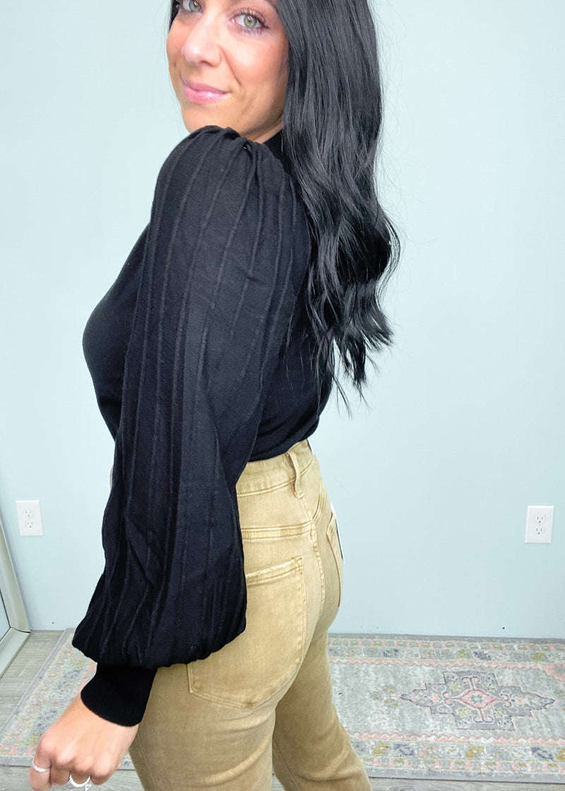'Hay Rides' Black Paneled Puff Sleeve Sweater-The feminine details of the pleated puff sleeves paired with the classic black color makes this sweater a perfect work and night out top! It can be dressed up or down all Fall/Winter long. Tuck in to really accentuate the sleeves!-Cali Moon Boutique, Plainville Connecticut