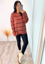 Baked Clay Striped Round Neck Sweater-This notch v-neck top comes in an adorable plaid color combo that is so cute on it's own or under your favorite blazers, sweaters & cardigans. Everyday and work friendly!-Cali Moon Boutique, Plainville Connecticut