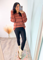 Baked Clay Striped Round Neck Sweater-This notch v-neck top comes in an adorable plaid color combo that is so cute on it's own or under your favorite blazers, sweaters & cardigans. Everyday and work friendly!-Cali Moon Boutique, Plainville Connecticut