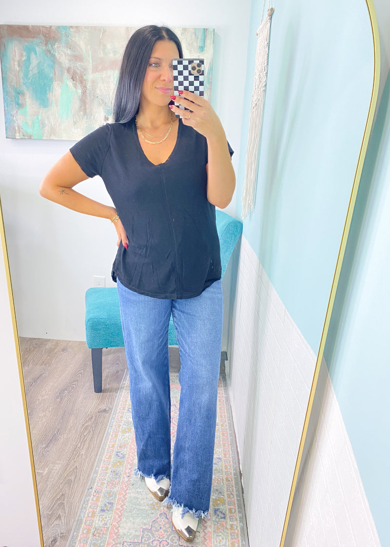 'Kara' Black V-Neck Short Sleeve Slub Soft Tee-Once you feel this fabric, you'll fall in love! A classic basic long sleeve tee to wear alone during Fall transition &amp; layer as the weather really cools.-Cali Moon Boutique, Plainville Connecticut