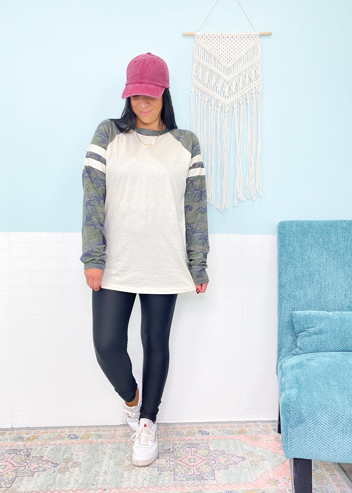 'Go Team' Camo & Cream Varsity Stripe Raglan Long Sleeve Tee-This tee is winner in our book! An ultra soft heather cream base with camo raglan sleeves &amp; varsity stripes, it will be your new all the time go to tee.-Cali Moon Boutique, Plainville Connecticut