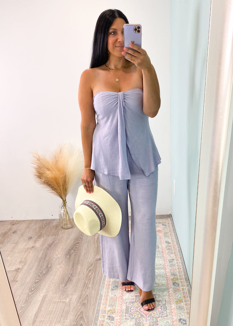 'The Hamptons' Lavender Blue Linen Tube Top & Wide Leg Pant Set-This set has all the easy breezy Summer beachy vibes! The lightweight linen like fabric paired with the pretty lavender blue color is a Summer dream! Mix and match the top and bottoms to make many different outfits.-Cali Moon Boutique, Plainville Connecticut