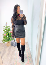 'Runway' Black Split Hem Soft Faux Leather Skirt-Turn heads in this super soft faux leather mini skirt! It features a split front detail, back zipper and is super comfy. No crinkle sounds when you walk! Wear all year 'round for nights out and special parties! -Cali Moon Boutique, Plainville Connecticut