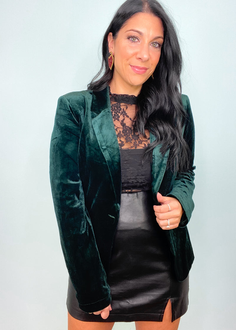 'Noel' Deep Emerald Green Velvet Blazer-You are Holiday & Party ready in this gorgeous Deep Emerald Green Velvet Blazer! Prepare to get all the compliments when you step out in this blazer. It can be worn over dresses and skirts or paired with dress pants and jeans for so many different looks. Great all winter and also for the office!-Cali Moon Boutique, Plainville Connecticut