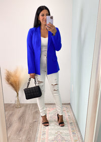 'Shine Bright' Neon Cobalt Blue Blazer-Stand out in the blazer world with this Neon Cobalt Blue Blazer! A moveable and luxurious feel fabric with long sleeves that can be cuffed to show off the adorable floral printed lining.-Cali Moon Boutique, Plainville Connecticut