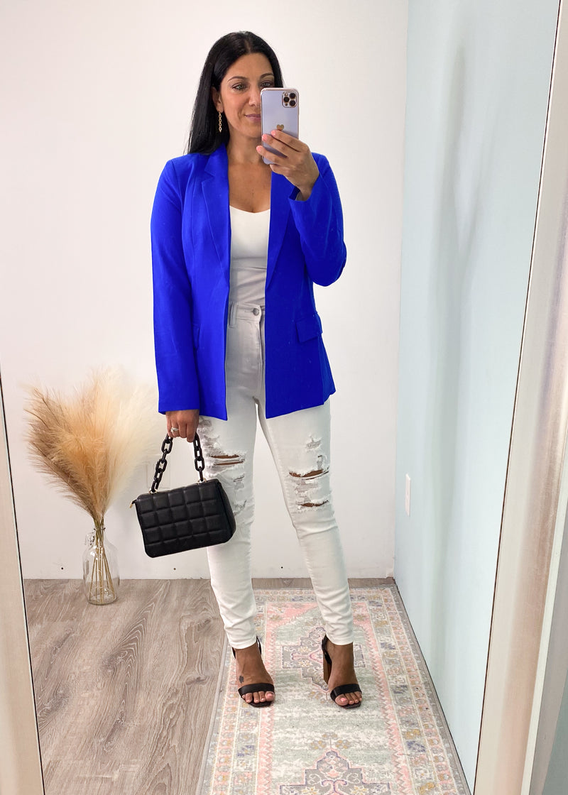 'Shine Bright' Neon Cobalt Blue Blazer-Stand out in the blazer world with this Neon Cobalt Blue Blazer! A moveable and luxurious feel fabric with long sleeves that can be cuffed to show off the adorable floral printed lining.-Cali Moon Boutique, Plainville Connecticut
