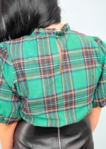 'Happy Everything' Green Plaid Bubble Puff Sleeve Top-This puff sleeve plaid top is as sweet as it comes and it's perfect for the holidays! The lightweight cotton fabric can be layered or worn alone. Tuck in to accentuate the puff sleeve but also looks adorable untucked. Dress it up or down. Work friendly!-Cali Moon Boutique, Plainville Connecticut