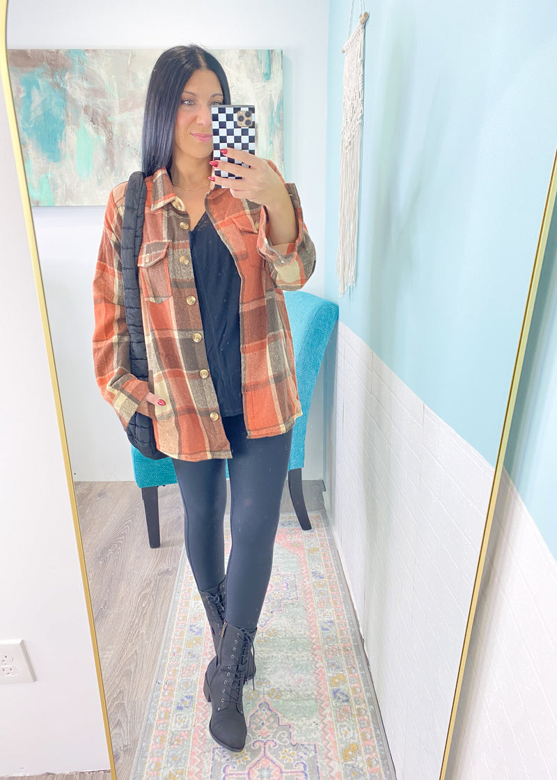 'The Pumpkin Patch' Oversized Rust & Cream Plaid Flannel Shacket-This shacket comes in the the most perfect combination of fall colors! A brushed flannel fabric that can be worn as a cozy shirt or lightweight jacket.-Cali Moon Boutique, Plainville Connecticut