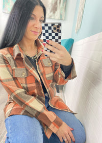 'The Pumpkin Patch' Oversized Rust & Cream Plaid Flannel Shacket-This shacket comes in the the most perfect combination of fall colors! A brushed flannel fabric that can be worn as a cozy shirt or lightweight jacket.-Cali Moon Boutique, Plainville Connecticut