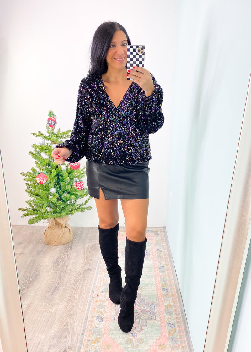 'Party Mode' Black Velvet Multicolor Sequin Balloon Sleeve Top-You're bringing the party in this unique velvet & sequin wrap front top! The flattering front and relaxed comfortable fit is both party ready and eating friendly! Wear with jeans, skirts and pants! Perfect for Holidays or any winter party you have. -Cali Moon Boutique, Plainville Connecticut