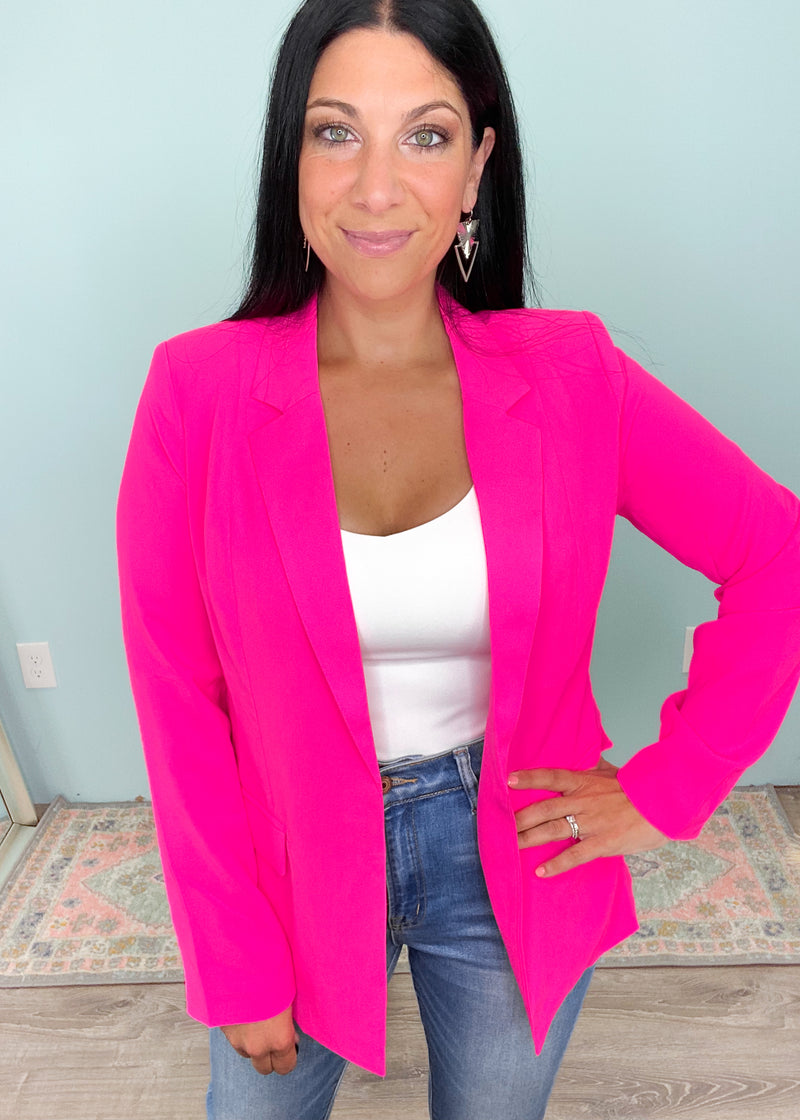 'Shine Bright' Ultra Pink Blazer-Stand out in the blazer world with this Ultra Pink Relaxed Fit Blazer! A moveable and luxurious feel fabric with long sleeves that can be cuffed in the warmer months. -Cali Moon Boutique, Plainville Connecticut