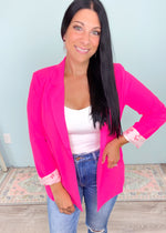 'Shine Bright' Ultra Pink Blazer-Stand out in the blazer world with this Ultra Pink Relaxed Fit Blazer! A moveable and luxurious feel fabric with long sleeves that can be cuffed in the warmer months. -Cali Moon Boutique, Plainville Connecticut