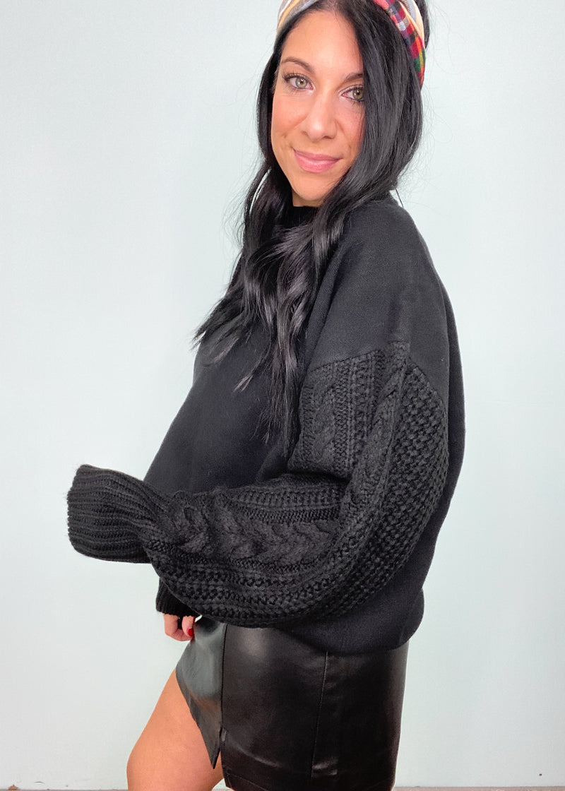 'All in the Details' Black Oversized Cable Sleeve Sweater-The unique cable knit balloon sleeves elevates this black sweater and allows you to dress it up or wear super casual. This amazingly soft sweater will be a new fav.-Cali Moon Boutique, Plainville Connecticut