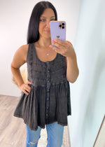 'Mood Swings' Vintage Washed Button Front Swing Tank with Stitching-This comfortable swing style top has all the moody vintage vibes! The fabric has a denim look but is super soft to the touch with lots of stretch. It can be dressed up or worn casually. Perfect for denim and leggings! -Cali Moon Boutique, Plainville Connecticut