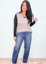 'Collegiate Level' Heather Gray Ribbed Soft Sweater V-Neck Vest-Sweater vests are all the rage right now and it doesn't get better than this super soft, longline heather gray style! It features split sides for easy tucking. Wear it dressed up over skirts and dress or casual with jeans and boots. Also looks great belted!-Cali Moon Boutique, Plainville Connecticut