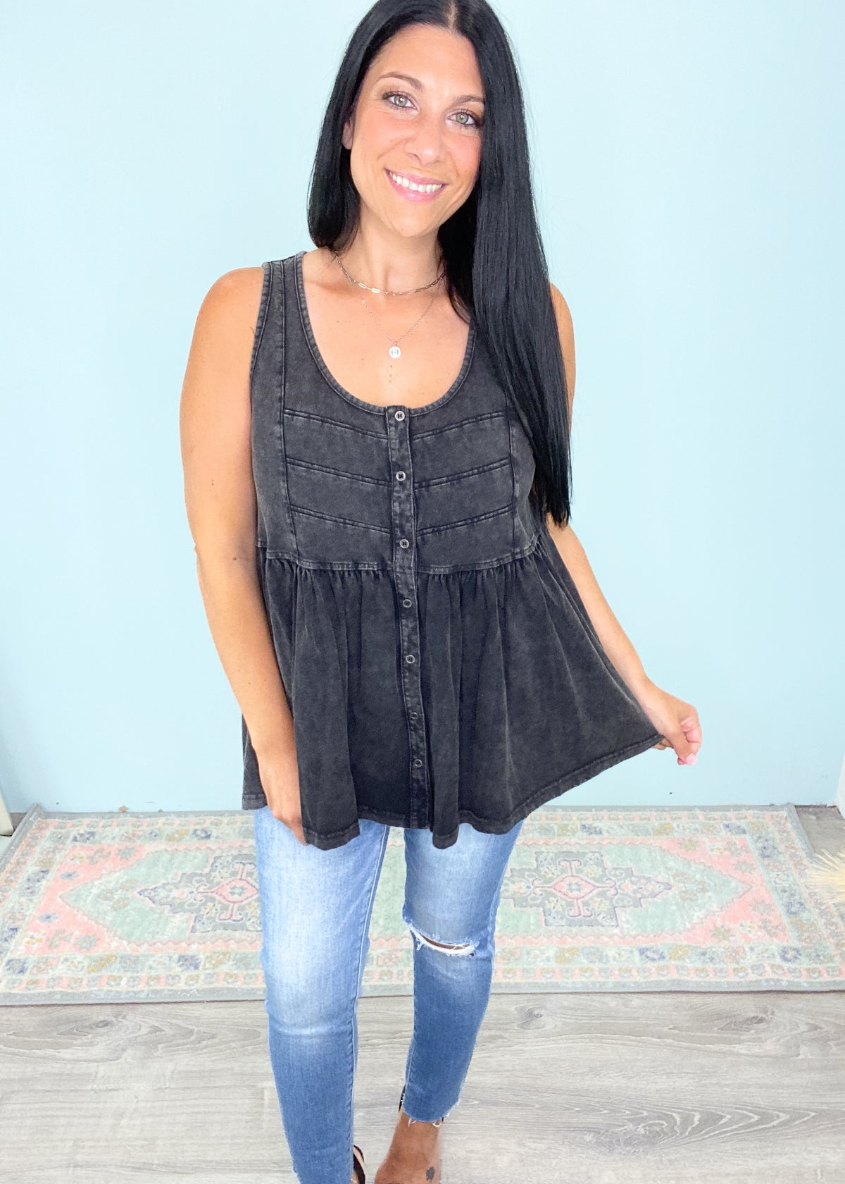 'Mood Swings' Vintage Washed Button Front Swing Tank with Stitching-This comfortable swing style top has all the moody vintage vibes! The fabric has a denim look but is super soft to the touch with lots of stretch. It can be dressed up or worn casually. Perfect for denim and leggings! -Cali Moon Boutique, Plainville Connecticut