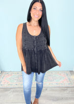 'Mood Swings' Vintage Washed Button Front Swing Tank with Stitching-This comfortable swing style top has all the moody vintage vibes! The fabric has a denim look but is super soft to the touch with lots of stretch. It can be dressed up or worn casually. Perfect for denim and leggings! -Cali Moon Boutique, Plainville Connecticut