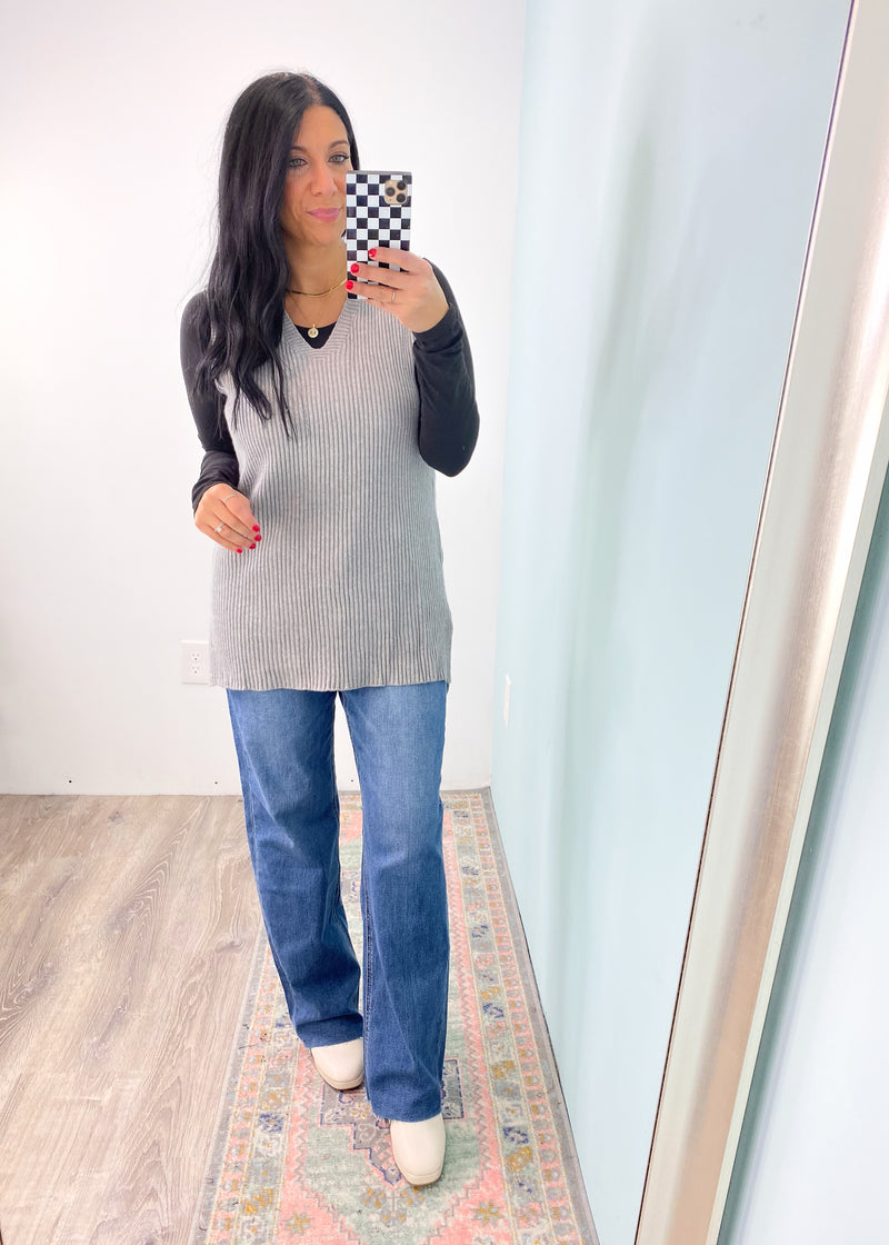 'Collegiate Level' Heather Gray Ribbed Soft Sweater V-Neck Vest-Sweater vests are all the rage right now and it doesn't get better than this super soft, longline heather gray style! It features split sides for easy tucking. Wear it dressed up over skirts and dress or casual with jeans and boots. Also looks great belted!-Cali Moon Boutique, Plainville Connecticut