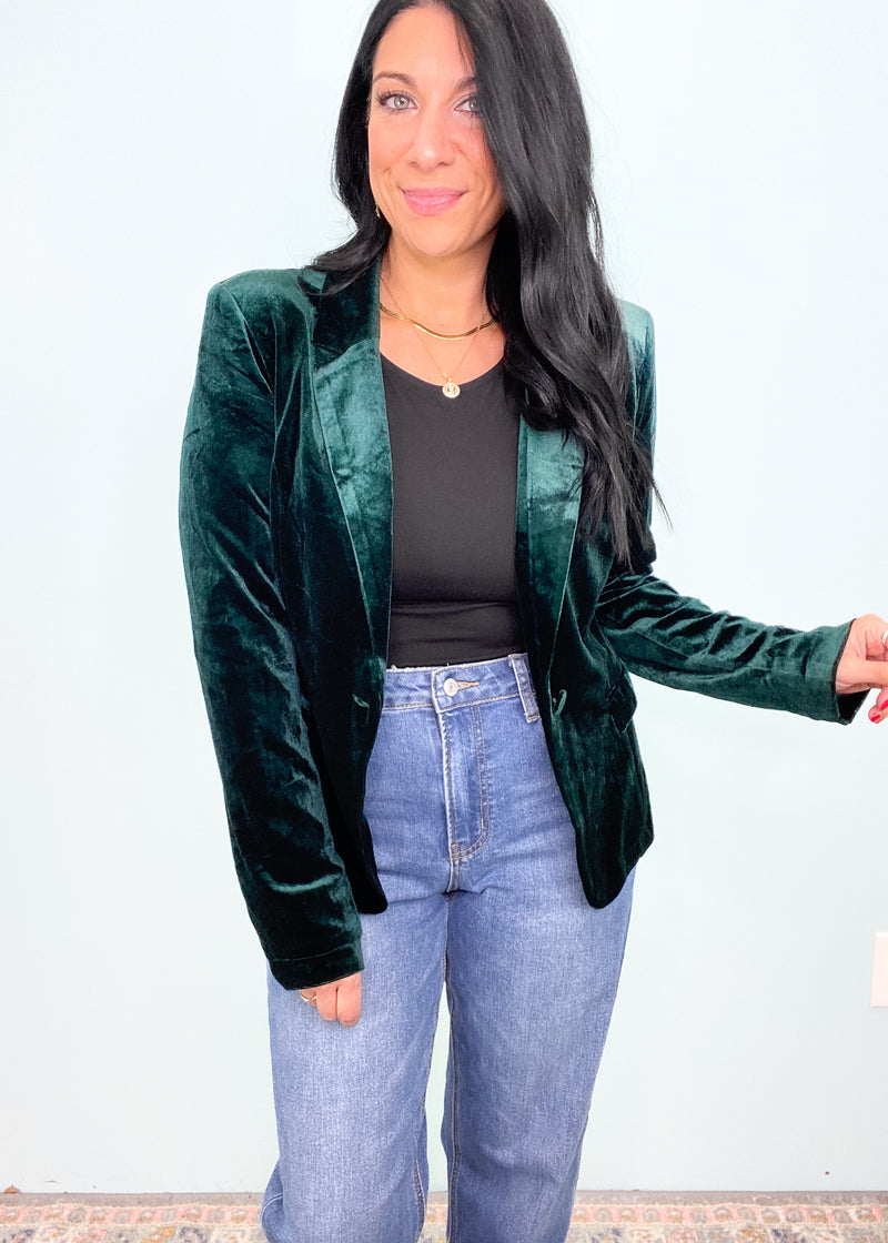 'Noel' Deep Emerald Green Velvet Blazer-You are Holiday & Party ready in this gorgeous Deep Emerald Green Velvet Blazer! Prepare to get all the compliments when you step out in this blazer. It can be worn over dresses and skirts or paired with dress pants and jeans for so many different looks. Great all winter and also for the office!-Cali Moon Boutique, Plainville Connecticut