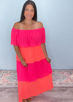 'Let's Dance' Neon Pink & Neon Coral Pleated Maxi Dress-This maxi dress is made of show stopping colors! The lightweight fabric will be perfect for Summer outdoor weddings, vineyard dates and vacation nights out! 
-Cali Moon Boutique, Plainville Connecticut