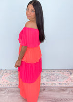 'Let's Dance' Neon Pink & Neon Coral Pleated Maxi Dress-This maxi dress is made of show stopping colors! The lightweight fabric will be perfect for Summer outdoor weddings, vineyard dates and vacation nights out! 
-Cali Moon Boutique, Plainville Connecticut