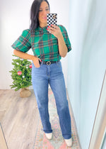 'Happy Everything' Green Plaid Bubble Puff Sleeve Top-This puff sleeve plaid top is as sweet as it comes and it's perfect for the holidays! The lightweight cotton fabric can be layered or worn alone. Tuck in to accentuate the puff sleeve but also looks adorable untucked. Dress it up or down. Work friendly!-Cali Moon Boutique, Plainville Connecticut