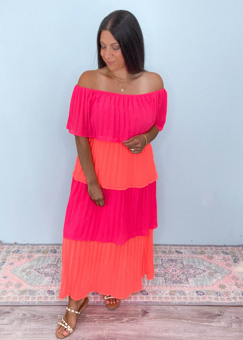 'Let's Dance' Neon Pink & Neon Coral Pleated Maxi Dress-This maxi dress is made of show stopping colors! The lightweight fabric will be perfect for Summer outdoor weddings, vineyard dates and vacation nights out! 
-Cali Moon Boutique, Plainville Connecticut