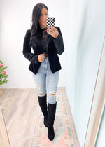 'Noel' Black Velvet Blazer-You are Holiday & Party ready in this gorgeous Black Velvet Blazer! Prepare to get all the compliments when you step out in this blazer. It can be worn over dresses and skirts or paired with dress pants and jeans for so many different looks. Great all winter and also for the office!-Cali Moon Boutique, Plainville Connecticut